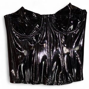 ★ PRETTY LITTLE THING ★ Petite Black Vinyl Corset Top ★ NWT ★
